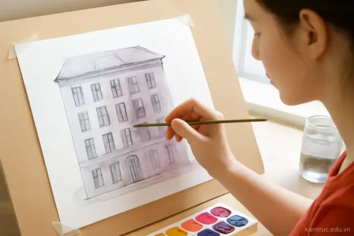 Diễn họa tay bằng màu nước và marker: bóng đổ trước, màu sắc sau